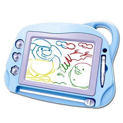 Magnetic Drawing Board Mini Travel Doodle, Erasable Writing Sketch Colorful Pad Area Educational Learning Toy for Kid / Toddlers/ Babies with 3 Stamps and 1 Pen, Sky Blue