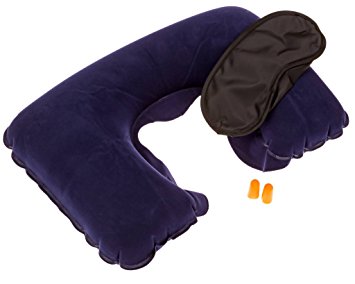 Travel Pillow with Eye Mask - Inflatable Pillow Set with Earplugs by bogo Brands