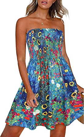 CHICGAL Summer Dresses for Women Beach Cover Ups Strapless Boho Floral Print Sundress