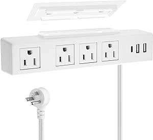 VILONG White 10FT Type-C Under Desk Power Strip, Adhesive Wall Mount Power Strip with USB C Ports, Power Strip Socket Outlet, 4 AC Plug.20W 2 USB-A,1 PD Fast Charging 18W USB-C