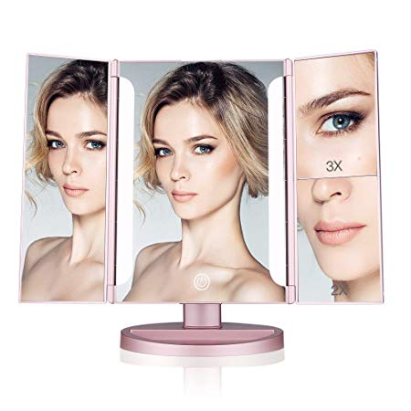 Easehold Lighted Makeup Mirror, 2 X 3X Magnifiers Vanity Mirror with Upgraded Eye-Caring Lights Tri-Fold 180 Degree Adjustable Countertop Cosmetic Bathroom Mirror(Rose Gold)