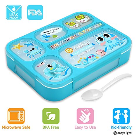 Leakproof Bento Lunch Box for Kids, FIOLOM 5 Compartments Divided Lunch Container Set with Spoon & Fork Cute Microwave Safe Meal Prep Box for Boys Girls Children School