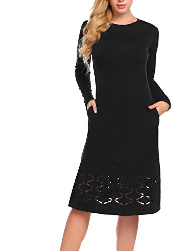 Hersife Women's Long Sleeve Fit and Flare Vintage A Line Midi Dress with Pockets