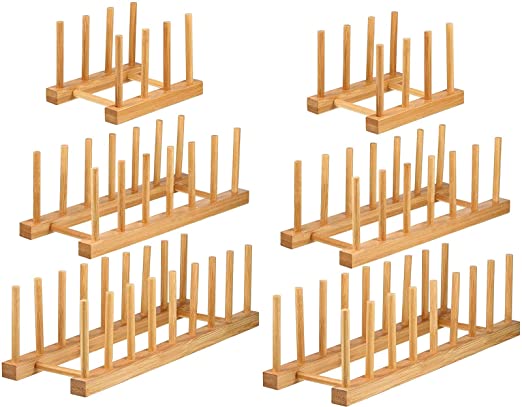 Lawei Set of 6 Bamboo Dish Rack - 3/6/8 Slots Wooden Plate Rack Stand Pot Lid Holder Dish Drying Rack for Dish, Bowl, Cup, Cutting Board and More