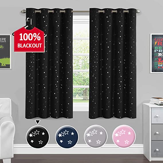 H.VERSAILTEX Blackout Curtains Kids Room Thermal Insulated Twinkle Stars Printed Curtain Draperies for Boys Girls, Sleep-Enhancing Magic Grommet Drapes, 2 Panels, Each 52x63-Inch, Black