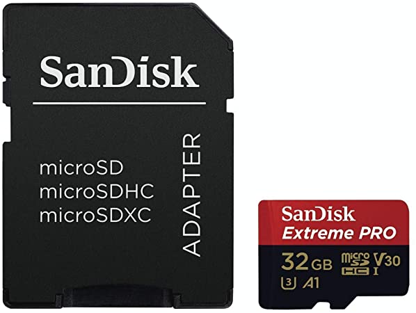 Sandisk SDSQXCG-032G-GN6MA Extreme PRO microSDHC Memory Card Plus SD Adapter up to 100 MB/s, Class 10, U3, V30, A1-32GB SDSQXCG-032G, Black