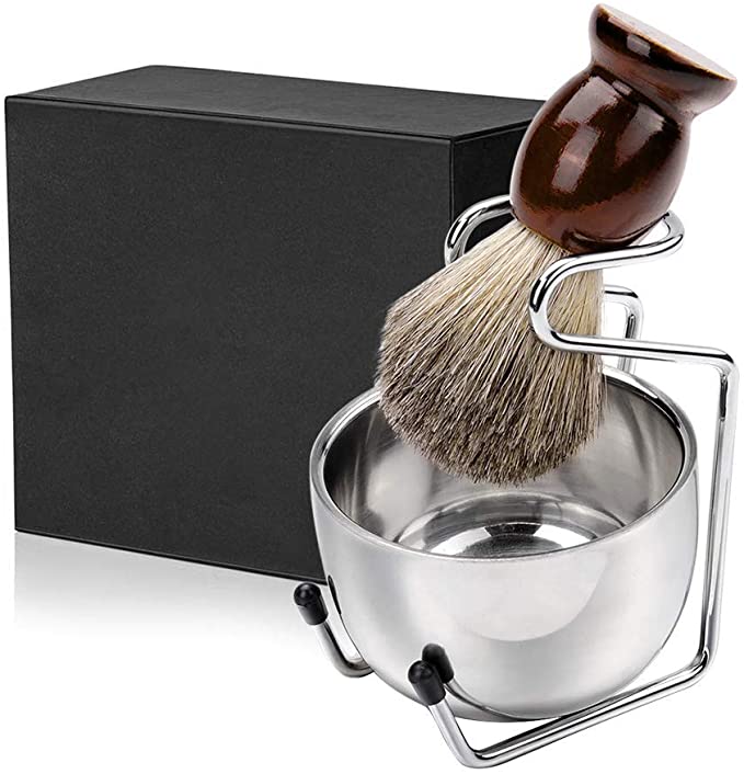 E-More Shaving Brush Set, 3 in 1 Shaving Kit for Men- Hair Shaving Brush with Wooden Handle, Stainless Steel Shaving Soap Bowl & Shaving Stand, Shaving Cleaning Tool Kit for Men Home Travel Use