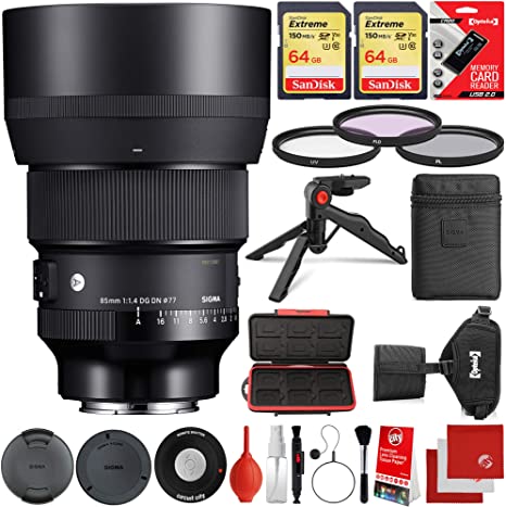 Sigma 85mm f/1.4 DG DN Art Lens Sony E-Mount Bundle with 2X 64GB Extreme Memory Cards, IR Remote, 3 Piece Filter Kit, Wrist Strap, Card Reader, Memory Card Case, Tabletop Tripod, Microfiber Cloths