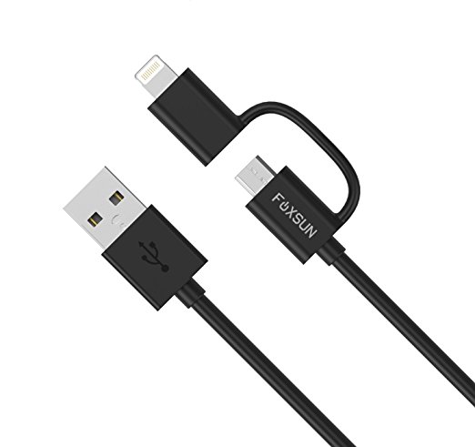 2 in 1 Lightning and Micro USB Cable, Foxsun 6.6ft/2m 2 in 1 USB Charging Cable Cord[Apple MFi Certified]for iPhone 7 /7 plus/6 /6s/6 Plus/6s plus/5s/5c/5/SE, iPad,iPod & Samsung and More(Black)