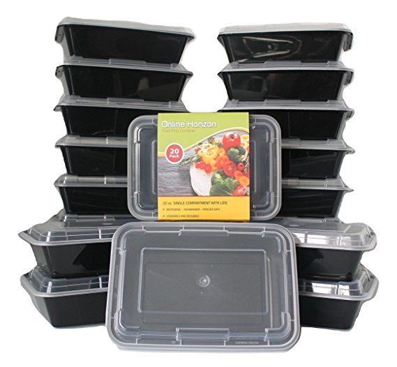 Premium Meal Prep Food Containers By Online Horizon (20-Pack) | Portion Control | 1 Compartment (32oz) with Lids For Healthy Eating, Athletes & People On A Diet | BPA-Free, Durable/Stackable