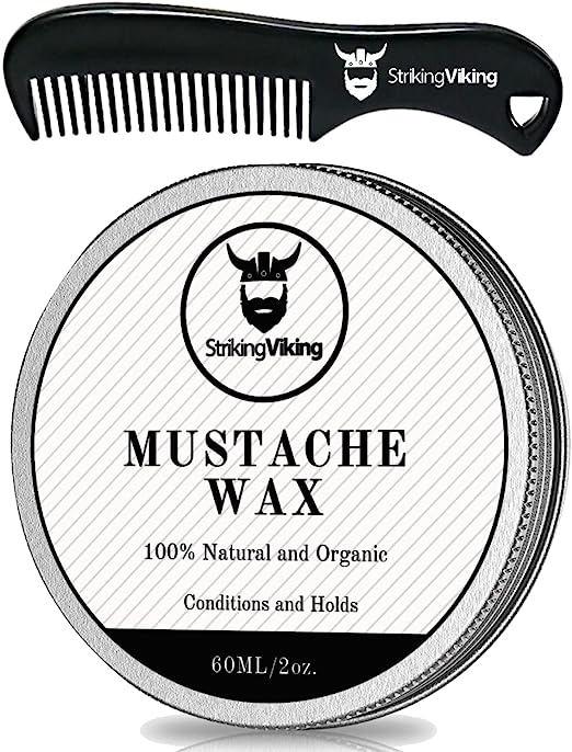 Striking Viking Mustache Wax and Mustache Comb - Beard and Moustache Wax Kit with Strong Hold Natural Beeswax for Men - Helps Tame, Style, and Condition Facial Hair, Unscented