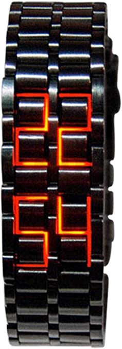 Men's Lava Style Stainless Steel Watch Red Blue LED Digital Watch Black Bracelet Watch