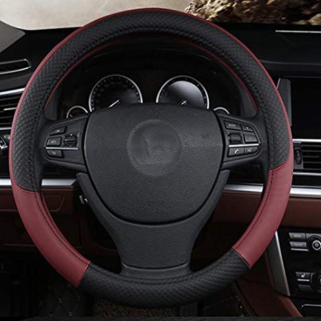 SHIAWASENA Car Steering Wheel Cover, Genuine Leather, Universal 15 Inch Fit, Anti-Slip & Odor-Free (Black&Red)