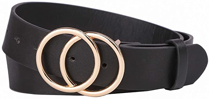 Tanpie Women's Leather Waist Belt Double Buckle for Dress Jeans Black Medium