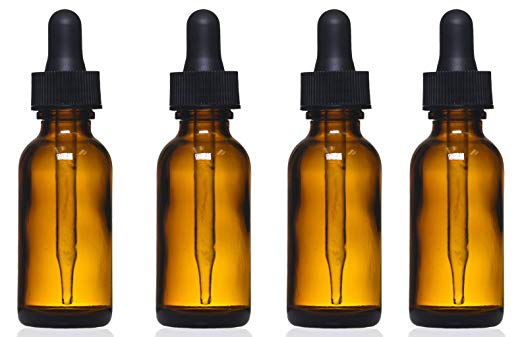 Amber Glass Bottles with Eye Droppers (2 oz, 4 pk) For Essential Oils, Colognes & Perfumes, Highest Quality, Blank Labels Included