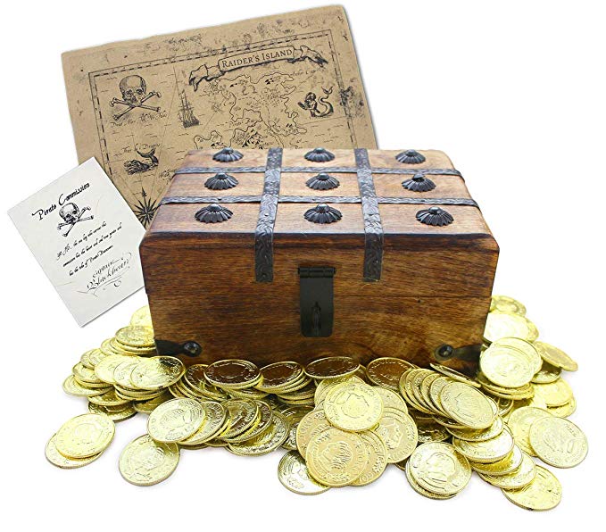 Well Pack Box Wooden Pirate Treasure Chest 9” x 7” x 5” with 144 Plastic Gold Coins Authentic Paper Pirate Commission Real World Brown Nautical Paper Map