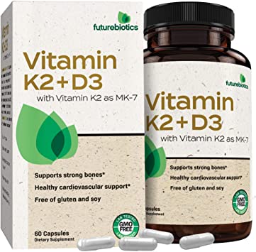 Futurebiotics Vitamin K2 (MK7) with D3 Supplement - Bone and Heart Health Non GMO Formula - 5000 IU Vitamin D3 & 90 mcg Vitamin K2 MK-7 - Easy to Swallow, 60 Vegetarian Capsules