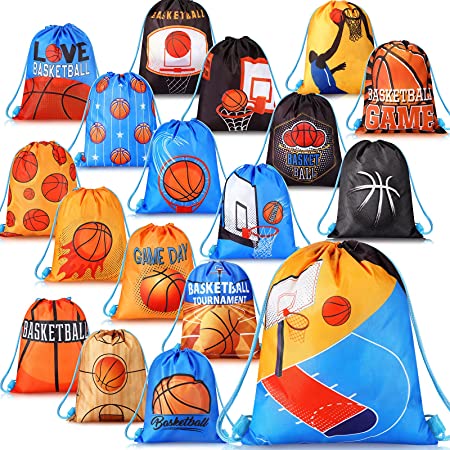 18 Pcs Basketball Party Favor Sports Drawstring Present Bags Travel Basketball Goodie Bags Basketball Gym Gift Bags for Kids