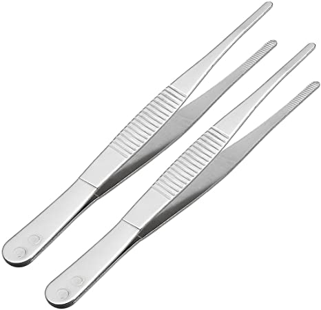 uxcell 2 Pcs Stainless Steel Straight Blunt Tweezers Serrated Tip, 5 Inch