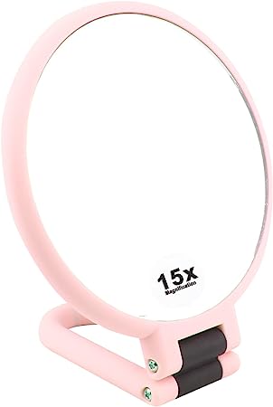 TBWHL 15x Magnifying Makeup Mirror, Travel Handheld Mirror Double-Sided 360 Adjustable Cosmetic Hand Mirror Round Pink