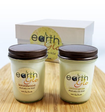 EarthGlo 100% Soy Candle Set Two 8oz Jar Candles Lemongrass And Sandalwood ~Two Scented Candles In Gift Box!!