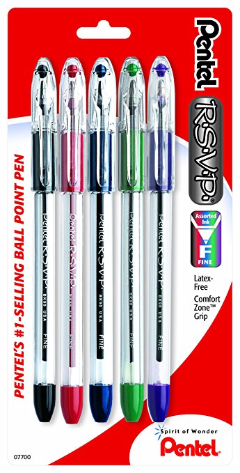 Pentel R.S.V.P. Ballpoint Pen, Fine Line, Assorted Ink, 5 Pack  (BK90BP5M)