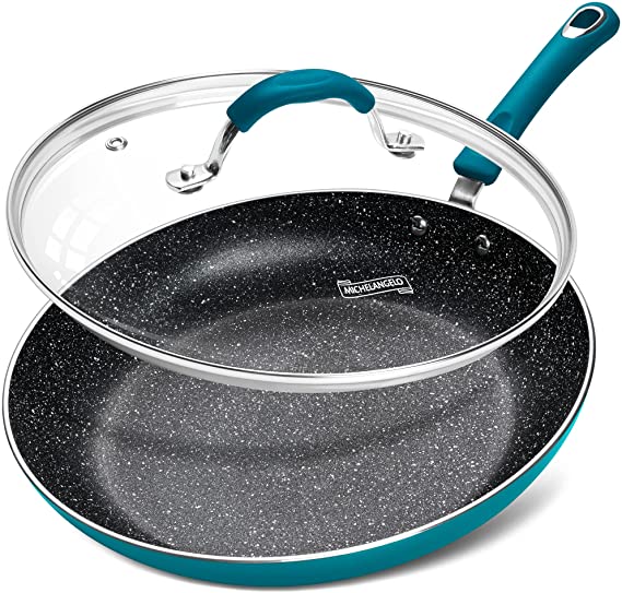 MICHELANGELO 12 Inch Frying Pan nonstick, Nonstick Frying Pan with lid 12 Inch, Large Frying Pan with Soft Grip Handle, 12inch Nonstick Skillet Pan with Stone Coating, Blue