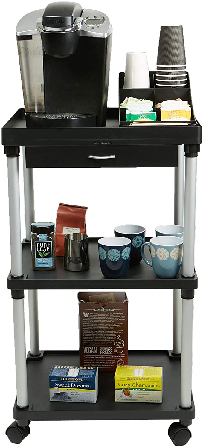 Mind Reader All Purpose Rolling Cart, Printer Cart, Utility Cart, Kitchen Cart, Coffee Cart, Microwave Cart, Bathroom Cart, 3 Tier, Black with Free Condiment Organizer