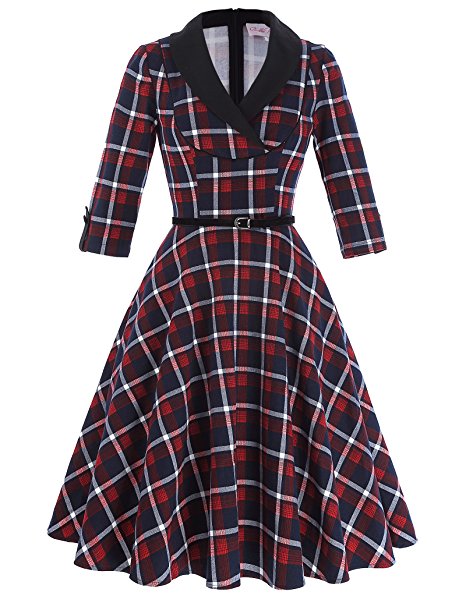 Belle Poque Women's Plaid 50s Vintage Swing Dress Party Cocktail with 3/4 Sleeve