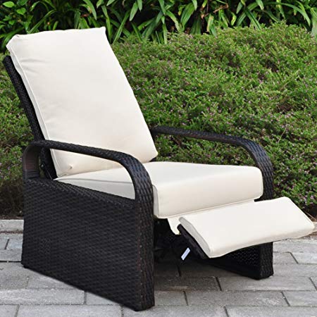 Garden Reclining Chair with Beige Cushions, Patio Furniture Auto Adjustable Rattan Armchair, UV/Fade/Water/Sweat/Rust Resistant