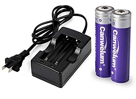 Canwelum Powerful 18650 Li-ion Battery and Charger, Protected 18650 Rechargeable Battery, 3.7V 18650 Lithium Ion Battery with Bigger Power Capacity – Applicable for High-power LED Flashlights, Headlamps or Laser Pointers, Not for E-cigarettes (A Set of 2 x 18650 Batteries and 1 x Charger)