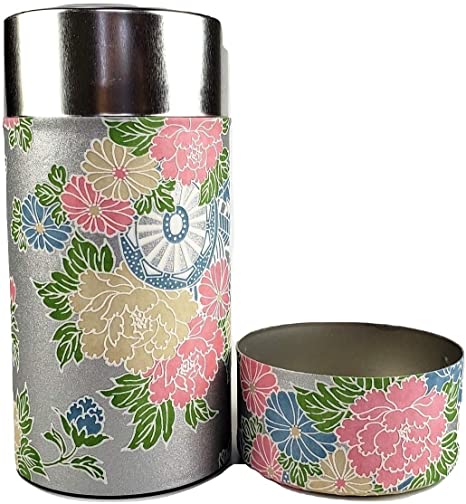 Japanese tea canister tin Yayoi Goshoguruma/Silver Yuzen paper/double lid/air-tight / 200g tea capacity