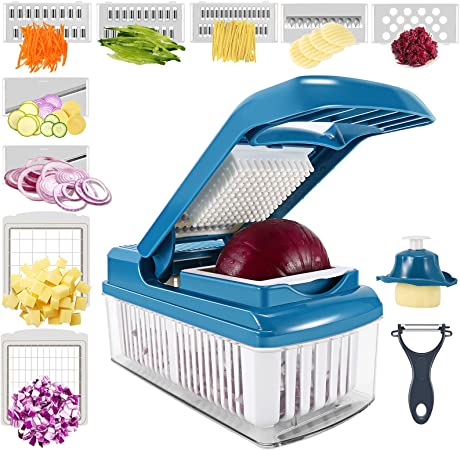Vegetable Chopper, Onion Dicer Slicer Cutter Mincer Grater with Peeler Hand Protector and Drain Basket Container, Kitchen Gadget for Cutting Potatoes, Carrots, Cucumbers(Blue)