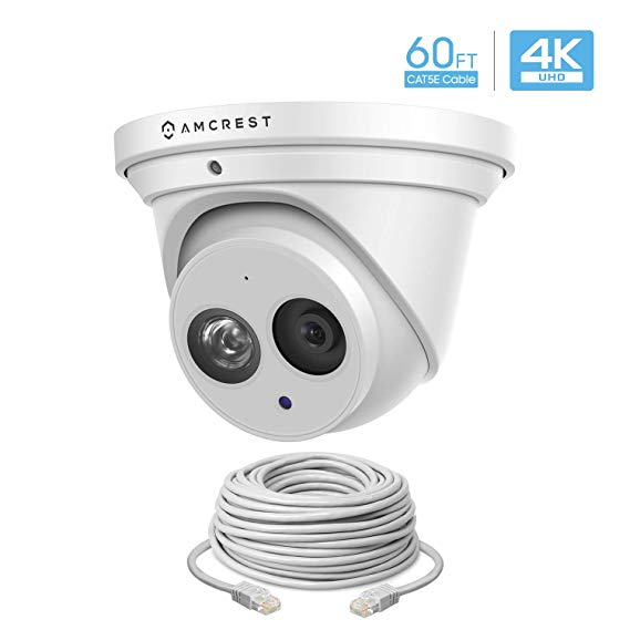 Amcrest UltraHD 4K (8MP) Outdoor Security IP Turret PoE Camera, 3840x2160, 164ft NightVision, IP67 Weatherproof, MicroSD Recording (128GB), Cat5 60ft Ethernet Cable, (IP8M-T2499EW-28MM-CAT5ECABLE60)