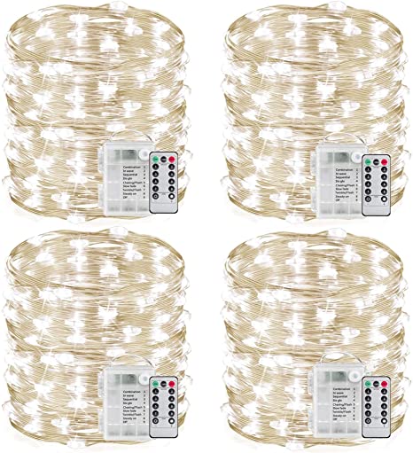 YITING 4 Pack 33Ft 100 LED Fairy Lights Battery Operated with Remote Control Timer 8 Modes Waterproof Copper Wire Twinkle String Lights, for Bedroom Wedding Chirstmas Decor (Cool White)