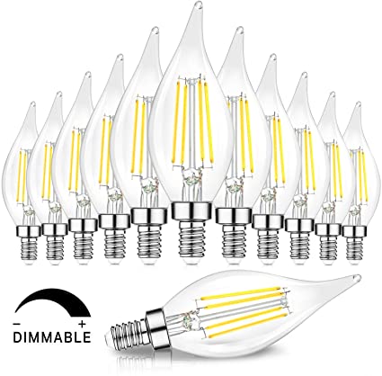 Dimmable E12 Candelabra LED Bulbs 60 Watt Equivalent, 5000K Daylight White, Clear Filament LED Chandelier Light Bulbs 6W, 600lm, CA11 Vintage Ceiling Fan Light Bulb with Flame Tip, 12-Pack