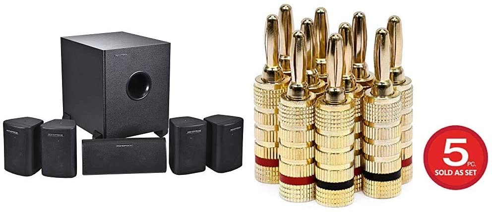 Monoprice 5.1 Channel Home Theater Satellite Speakers and Subwoofer - Black & 109436 Gold Plated Speaker Banana Plugs – 5 Pairs – Closed Screw Type