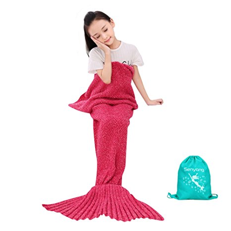 Mermaid Blanket - SENYANG Mermaid Tail Blanket Handmade Crochet Sofa Blankets All Seasons Sleeping Bags Best Choice for Girls Gift Christmas Gift (Kid Thick Red)