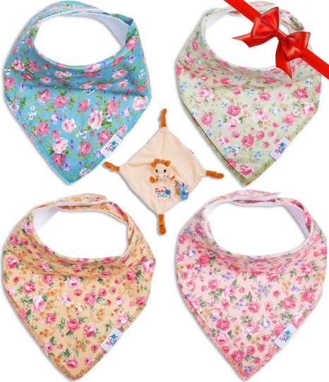 TamTchu Baby Bandana Drool Bibs for Girls, Floral Variety, 4-pack of Absorbent Organic Cotton Bib & Pacifier Clips Plush Toy & E-book, Premiuim Gift Sets for Your Baby Love