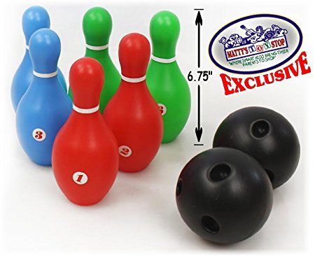Matty's Toy Stop 6 Pin Multi-Color Plastic Bowling Set for Kids - 8 Pieces Total (6 Pins & 2 Bowling Balls)