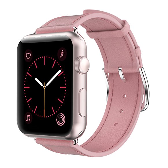 Yearscase 42MM Genuine Leather Replacement Band with Classic Metal Adapter Clasp Single Tour for Apple Watch Series 3 Series 2 Series 1 Nike  Hermes&Edition - Pink