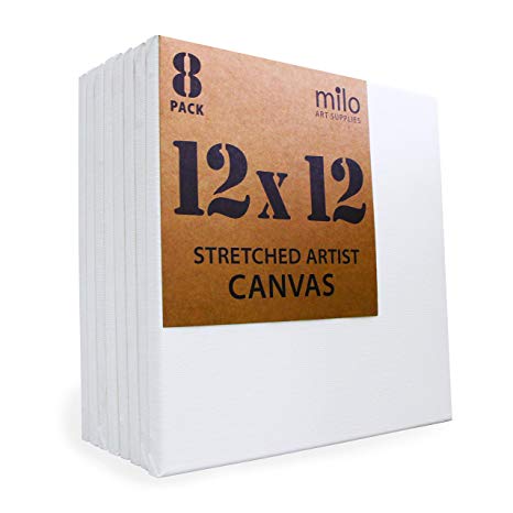 MILO | 12 x 12" Pre Stretched Artist Canvas Value Pack of 8 | Primed Cotton Canvas for Painting | Gallery Wrapped Back Stapled