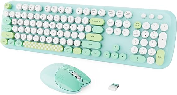 Wireless Keyboard Mouse Combo, Cute Colorful 104 Keys Full Size Keyboard Retro Round Keycaps Typewriter for PC Laptop,Windows,Desktop, Home and Office Keyboards (Green)