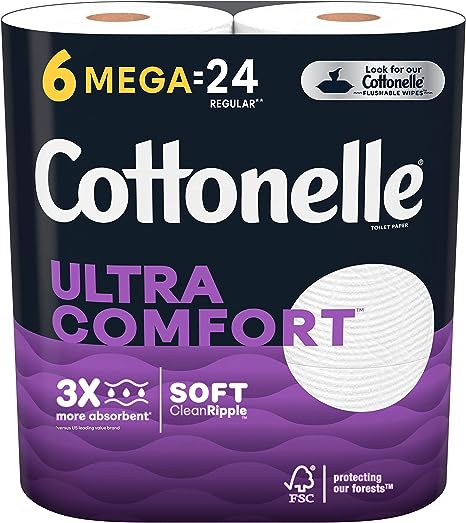 Cottonelle Ultra Comfort Toilet Paper, Strong Bath Tissue, 6 Mega Rolls (6 Mega Rolls = 24 regular rolls), 268 Sheets per Roll