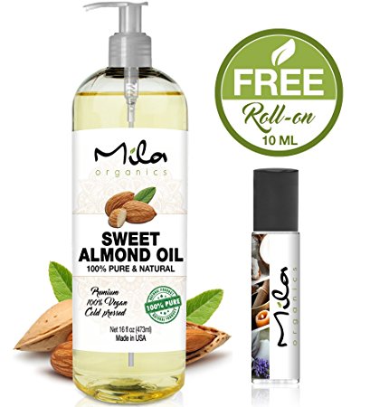 SWEET ALMOND OIL - VITAMIN E OIL FOR SKIN, HAIR, Massage, Aromatherapy, Essential Oil, Sweet Almond Oil Cold Pressed 16 fl oz by Mila Organics   1 Roll-On