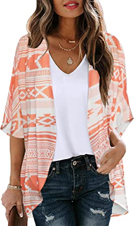 Women's Floral Print Puff Sleeve Kimono Cardigan Loose Cover Up Casual Blouse Tops