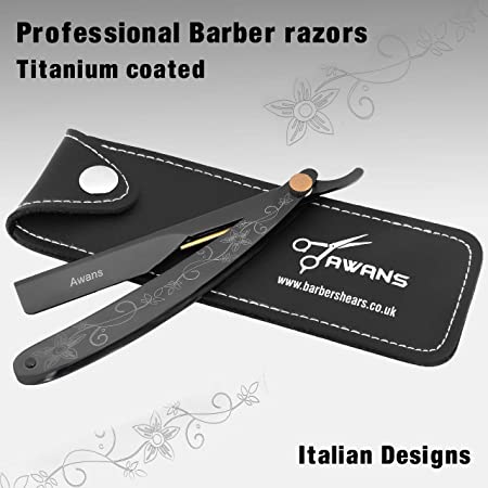 Awans Italian Design Straight Cut Throat Razor with Titanium Black Handle - Professional Barber Style Swing Lock Razor with Leather Pouch (Blades Not Included).