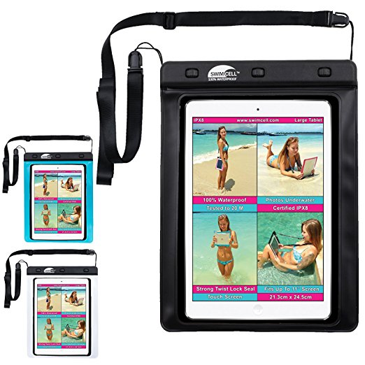 #1 Waterproof iPad Case For Large Tablet, Kindle, Camera, Documents, Money, Sunglasses and Other Dry Valuables. SwimCell High Quality Pouch, Certified IPX8. Tested 20m Underwater. Patented, Easy to Use Twist Lock Seal. Adjustable Neck Strap. Large or Small cover available plus 2 smaller sizes for phones.SCLTBK01 (Black, Large Tablet 21.3cm x 25cm)