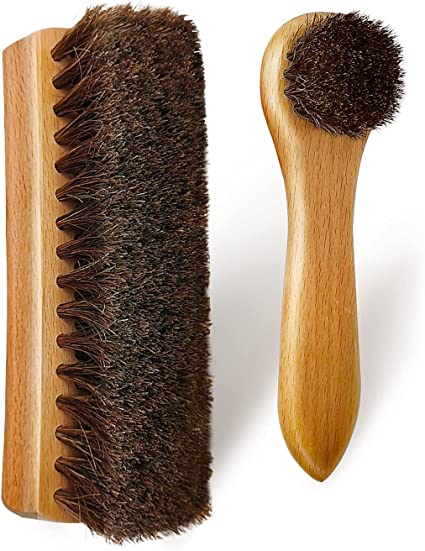 Horsehair Shoe Shine Brush Set - Natural Shoe Brush Shoe Polish Brush, Soft Horse Hair Bristles & Beech Wood Handle Cleaner, 2 Set (Brown)
