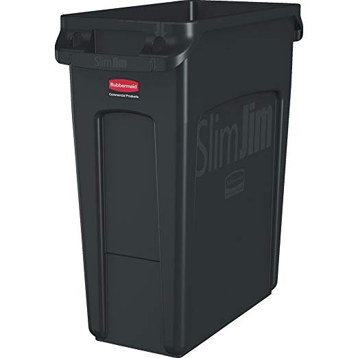 Rubbermaid Commercial Products Slim Jim Trash Can Waste Receptacle with Venting Channels, 16 Gallons, Black (1955959)